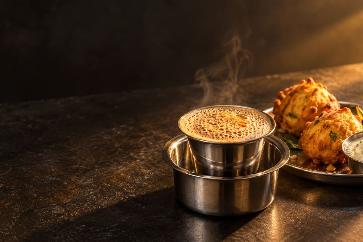 Warm table setting with filter coffee, aloo bonda and chutney.