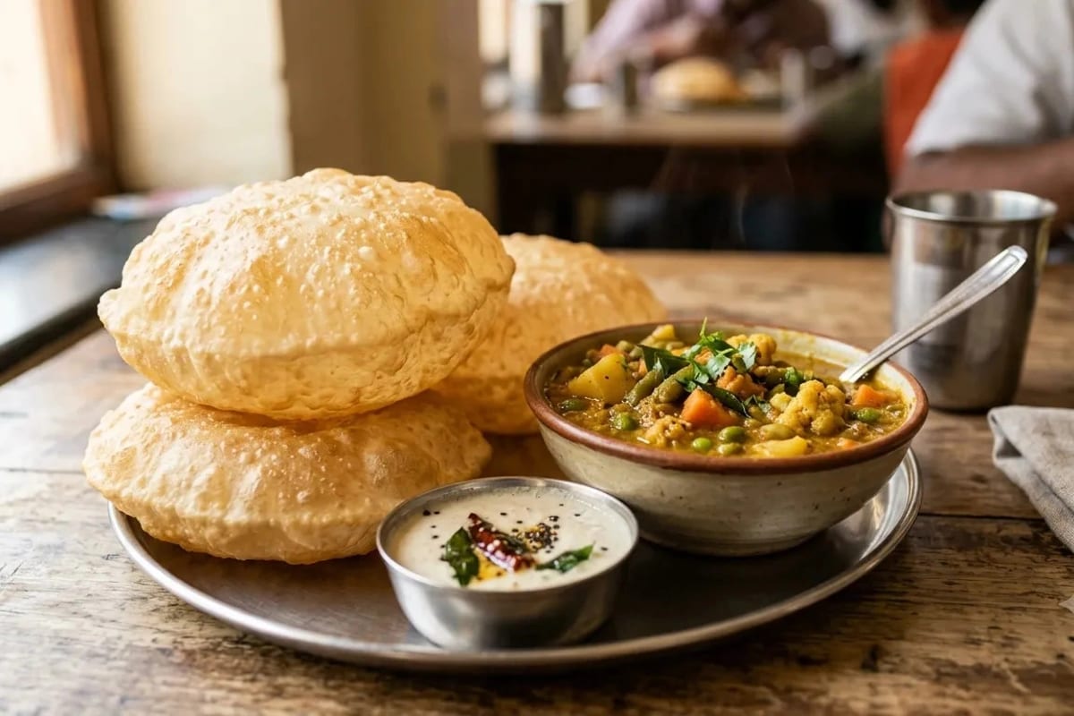 Poori Sagu with puffed poori and vegetable curry