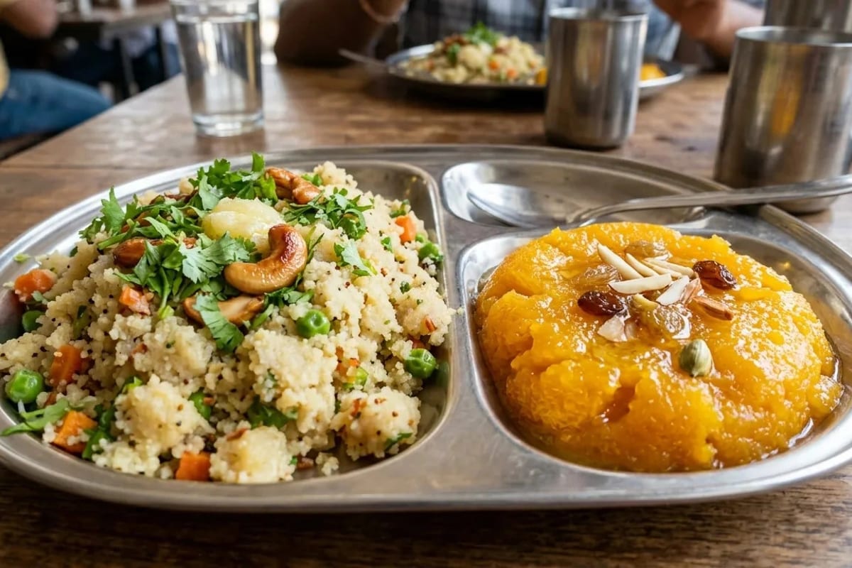 Chow Chow Bath with sweet kesari and savoury upma