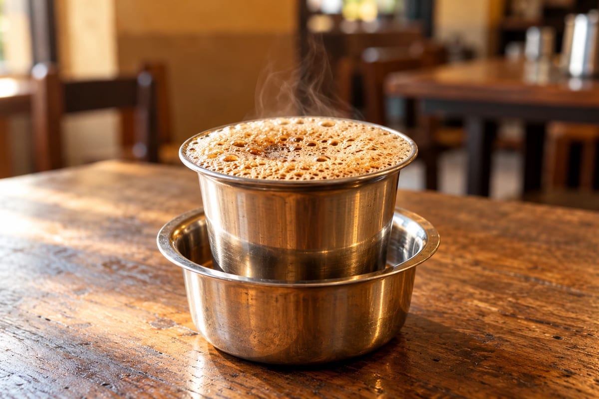 South Indian filter coffee in a steel tumbler