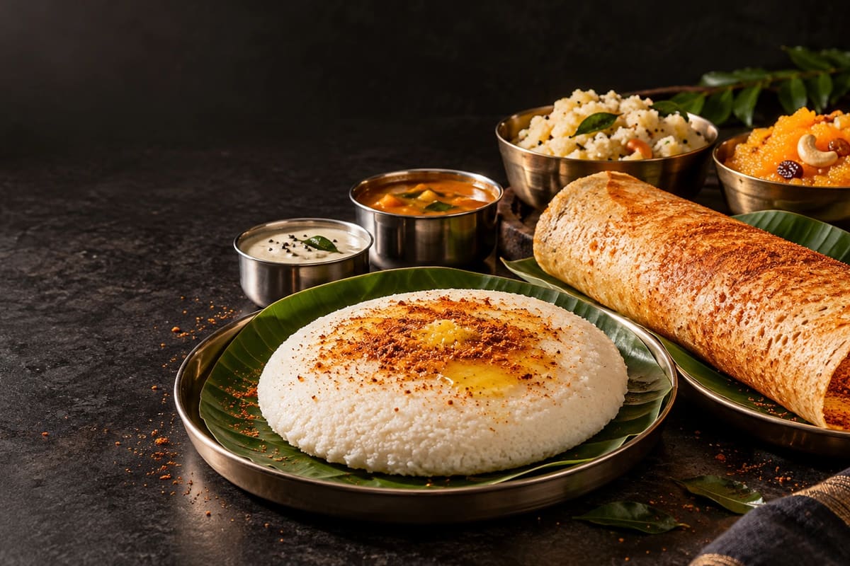 South Indian menu spread with Thatte Idli, ghee karam dosa, upma and kesari bath.