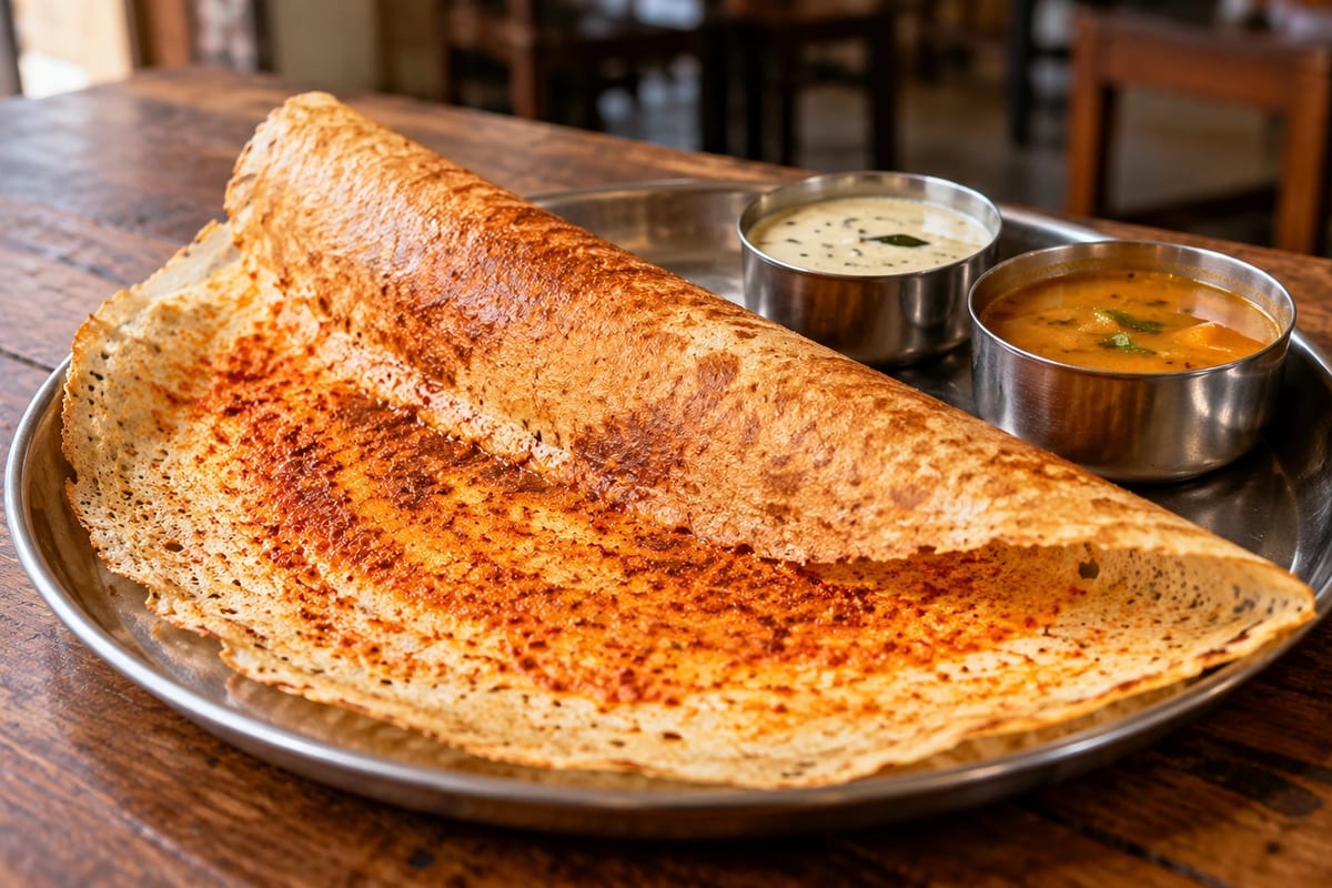 Ghee Karam Dosa served with chutneys