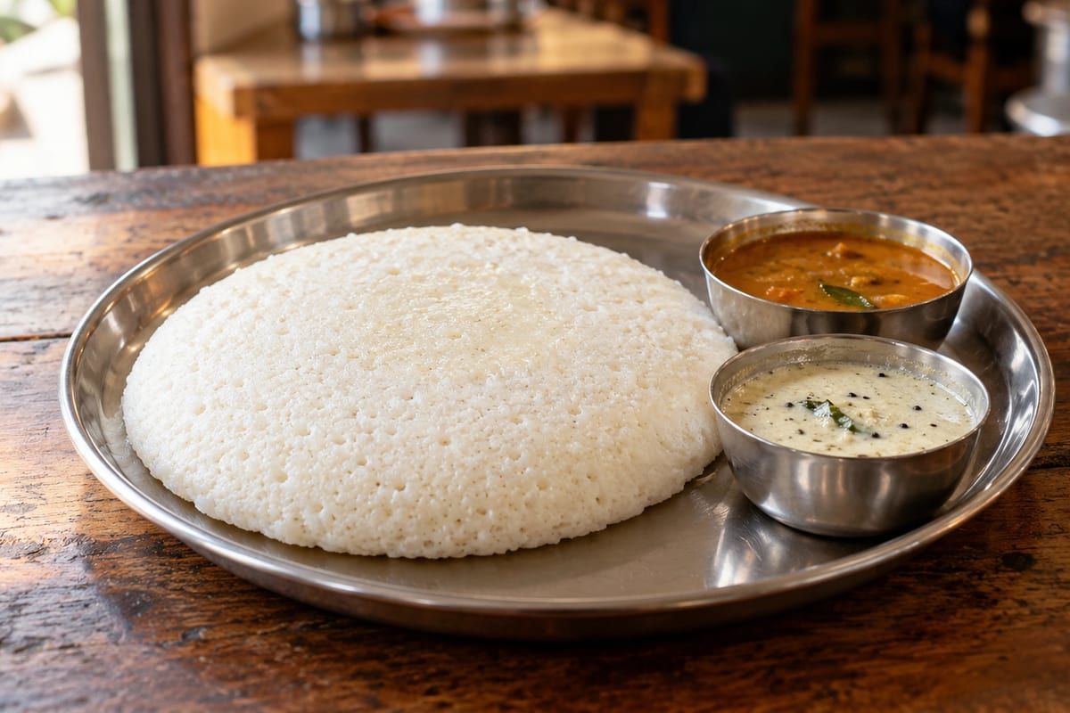 Plate of Thatte Idli with chutney and sambar