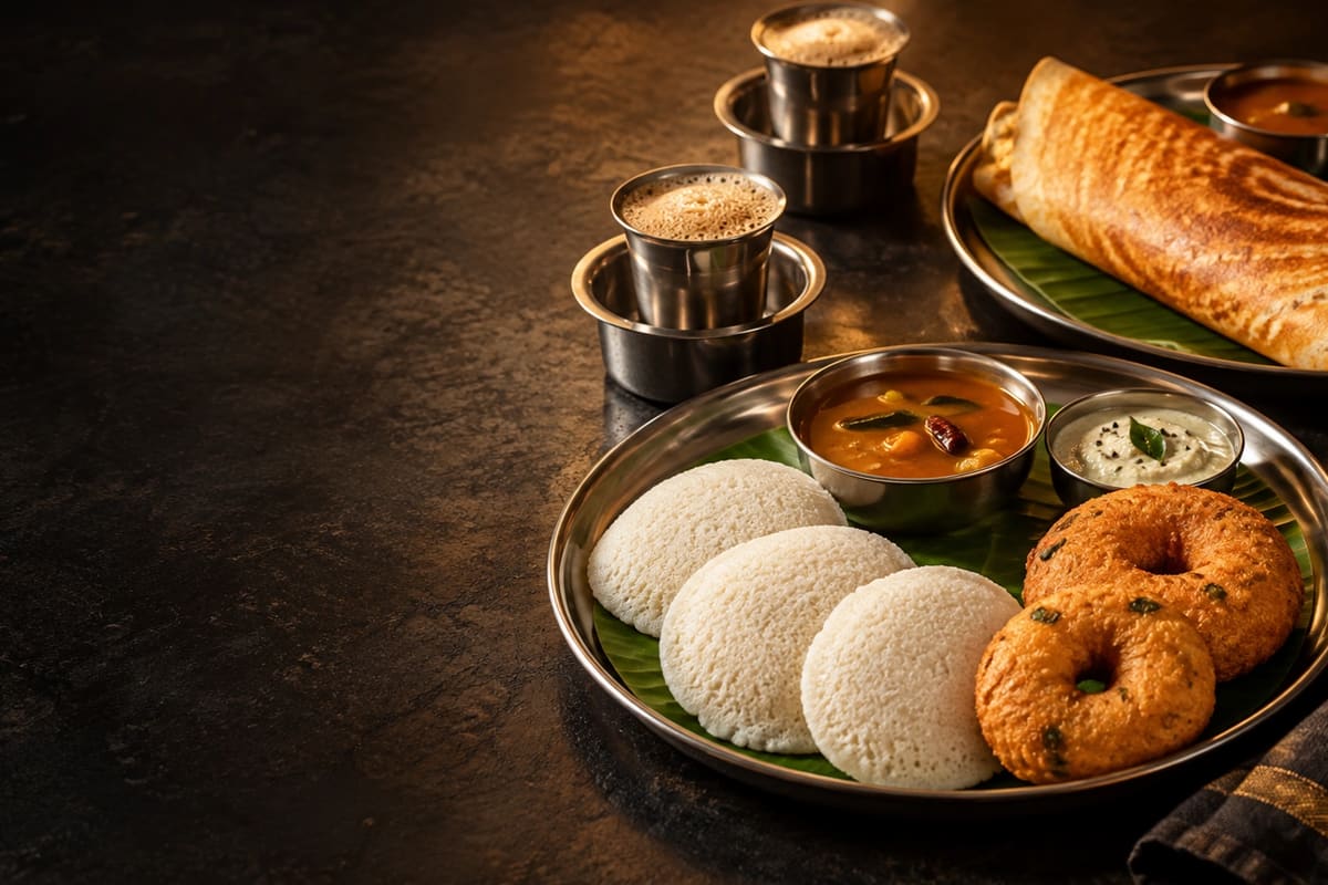 Shared table with idli, vada, dosa and two filter coffees.