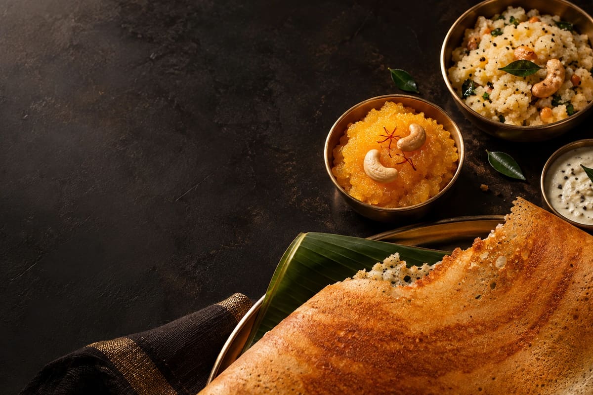 Overhead still life of crisp dosa, kesari bath and upma.