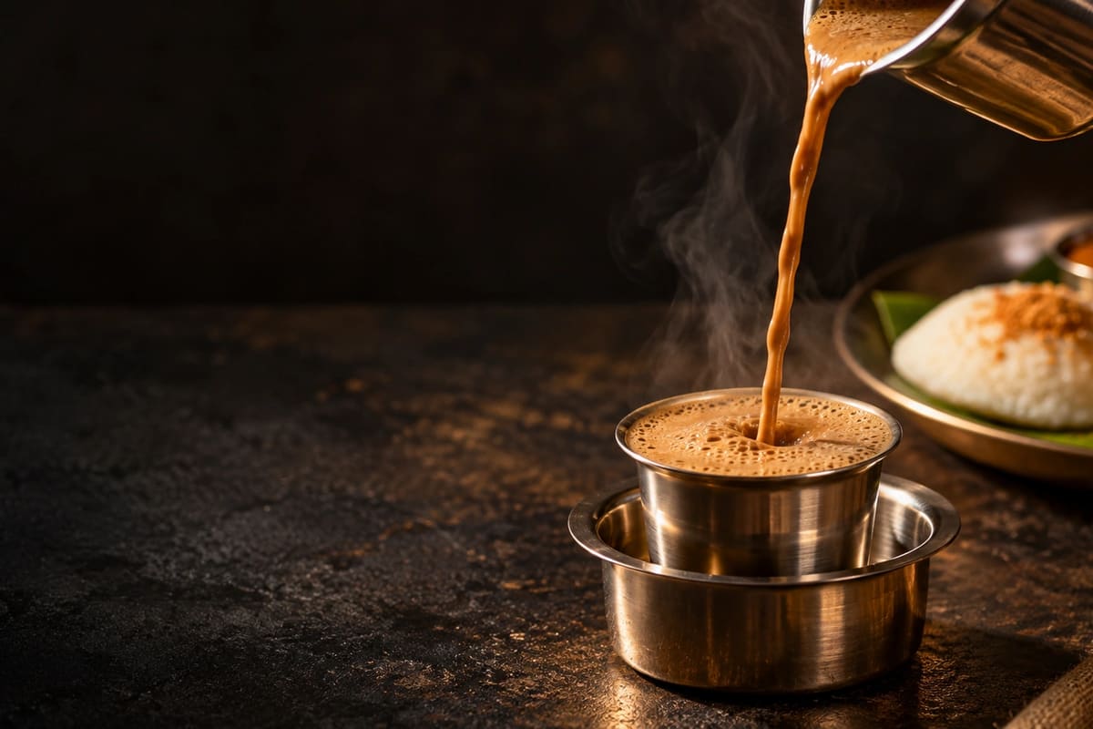 Steaming filter coffee being poured into a steel tumbler.